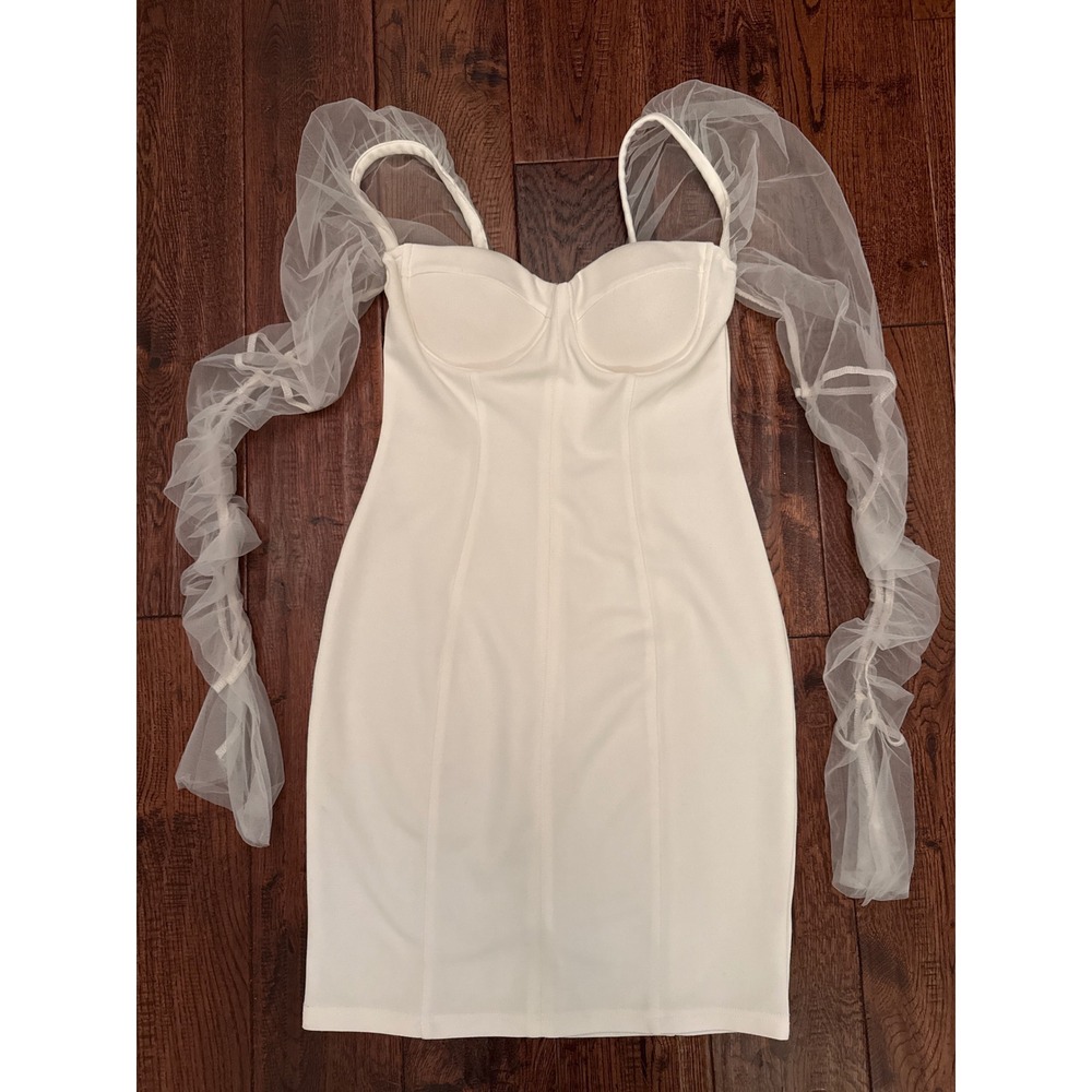 White Mesh Puff Sleeve Bodycon Mini Dress Angel Costume bride coquette Medium
